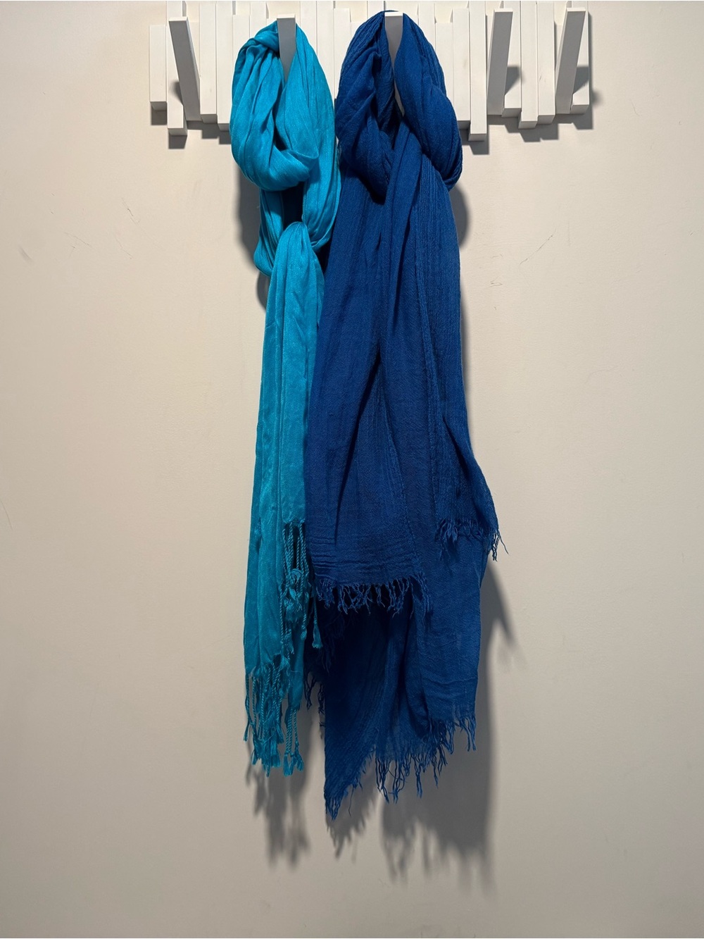 Set of 2 Cotton-Blend Scarves in Aqua and Royal Blue